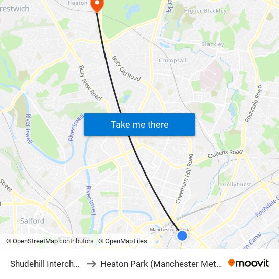 Shudehill Interchange to Heaton Park (Manchester Metrolink) map