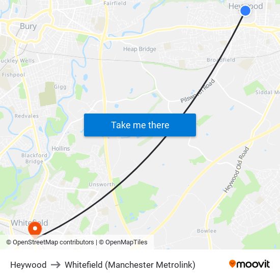 Heywood to Whitefield (Manchester Metrolink) map
