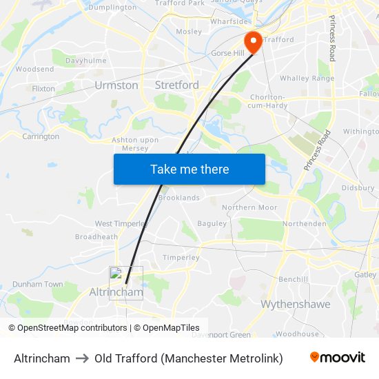 Altrincham to Old Trafford (Manchester Metrolink) map