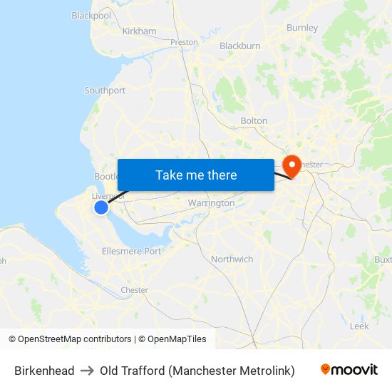 Birkenhead to Old Trafford (Manchester Metrolink) map