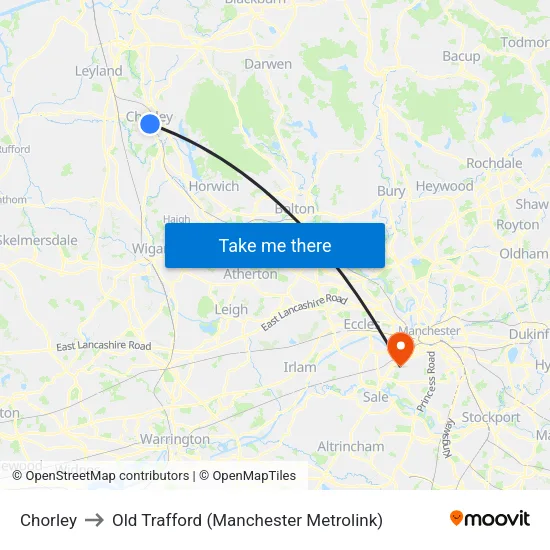 Chorley to Old Trafford (Manchester Metrolink) map