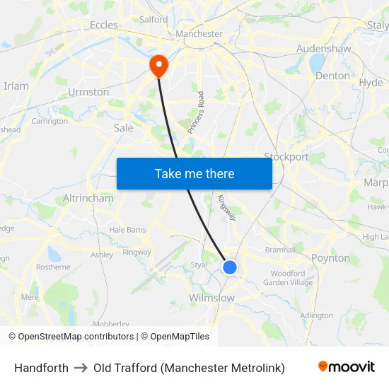 Handforth to Old Trafford (Manchester Metrolink) map