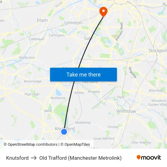 Knutsford to Old Trafford (Manchester Metrolink) map