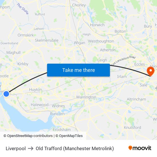 Liverpool to Old Trafford (Manchester Metrolink) map