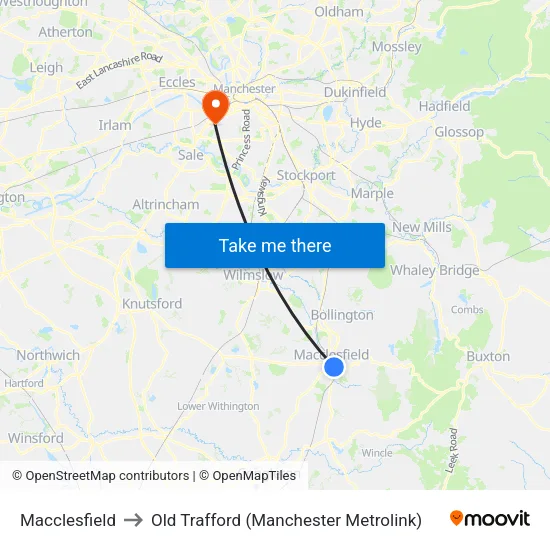 Macclesfield to Old Trafford (Manchester Metrolink) map