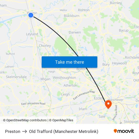 Preston to Old Trafford (Manchester Metrolink) map