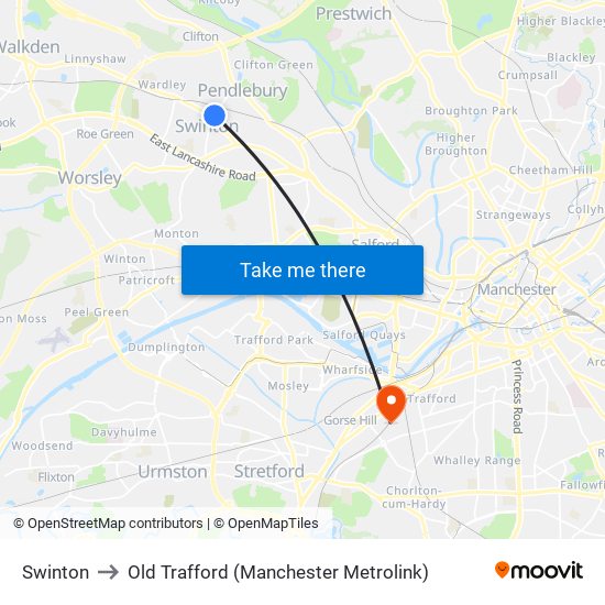 Swinton to Old Trafford (Manchester Metrolink) map