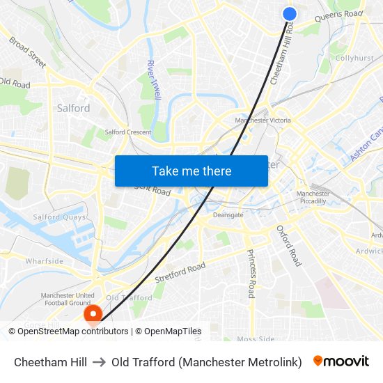 Cheetham Hill to Old Trafford (Manchester Metrolink) map