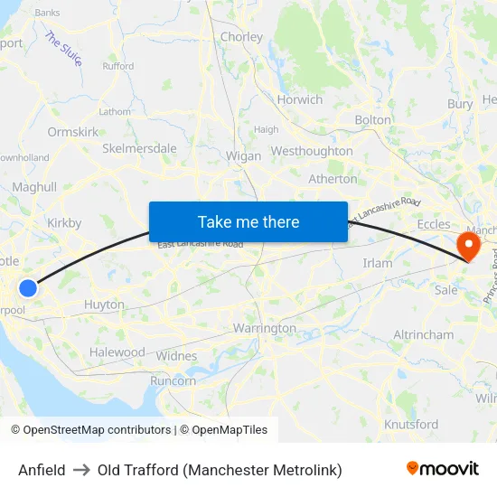 Anfield to Old Trafford (Manchester Metrolink) map
