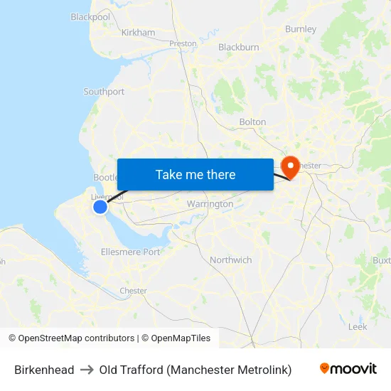 Birkenhead to Old Trafford (Manchester Metrolink) map
