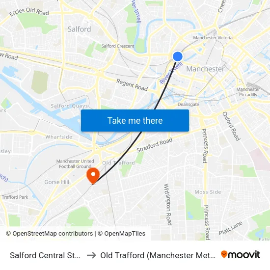Salford Central Station to Old Trafford (Manchester Metrolink) map