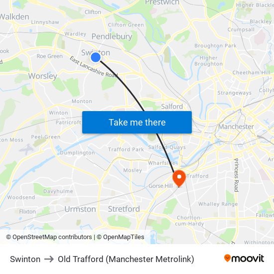 Swinton to Old Trafford (Manchester Metrolink) map