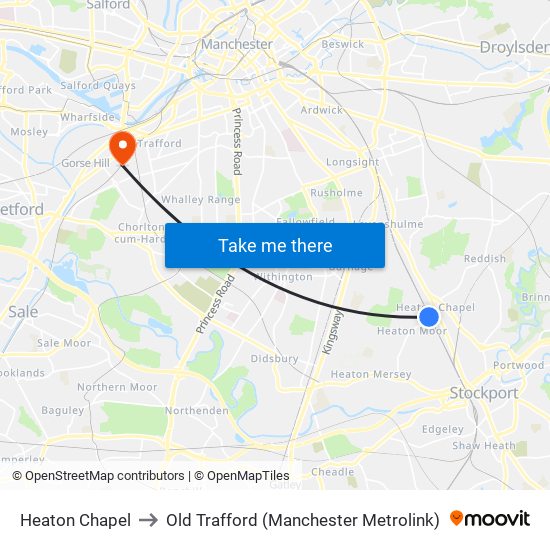 Heaton Chapel to Old Trafford (Manchester Metrolink) map