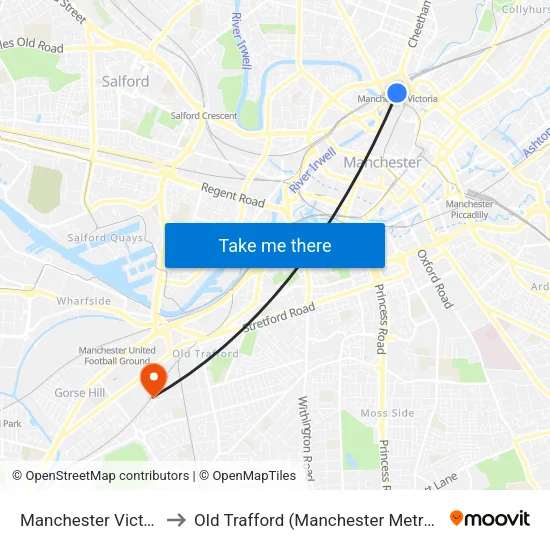 Manchester Victoria to Old Trafford (Manchester Metrolink) map