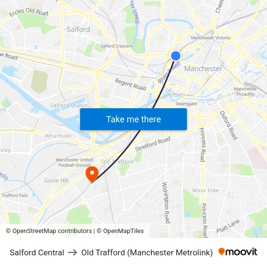 Salford Central to Old Trafford (Manchester Metrolink) map