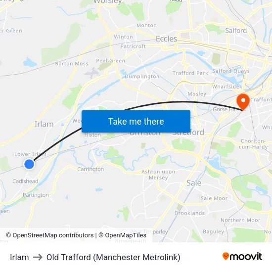 Irlam to Old Trafford (Manchester Metrolink) map