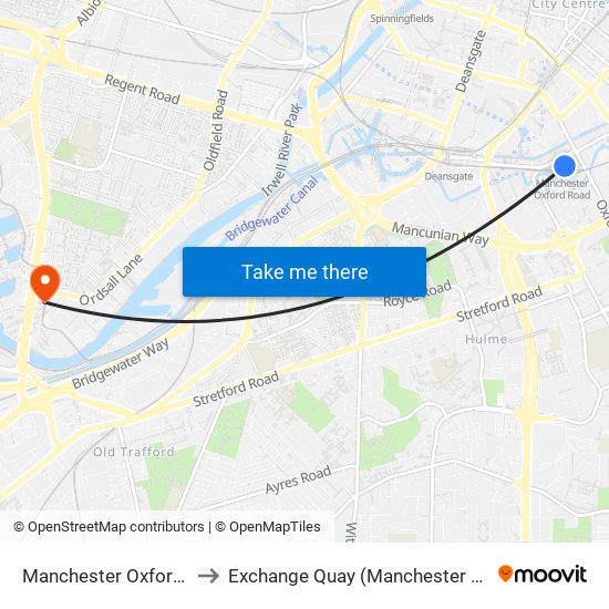 Manchester Oxford Road to Exchange Quay (Manchester Metrolink) map