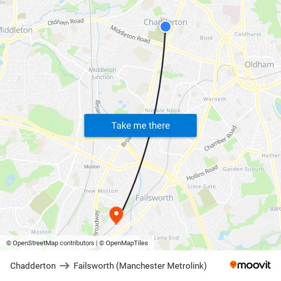 Chadderton to Failsworth (Manchester Metrolink) map