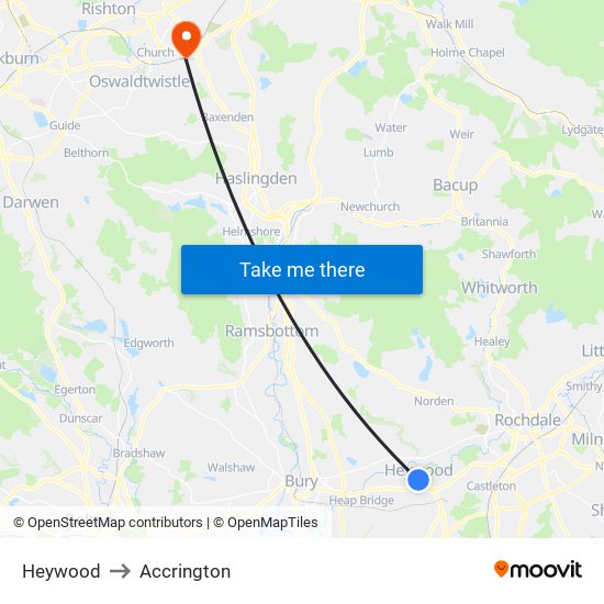 Heywood to Accrington map