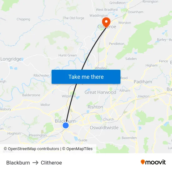 Blackburn to Clitheroe map