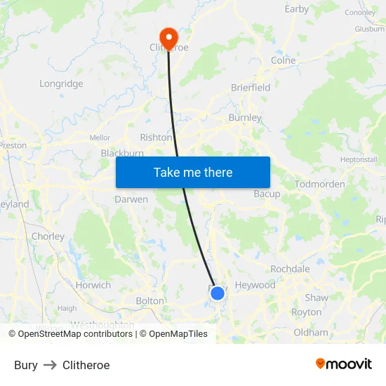 Bury to Clitheroe map