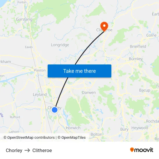 Chorley to Clitheroe map