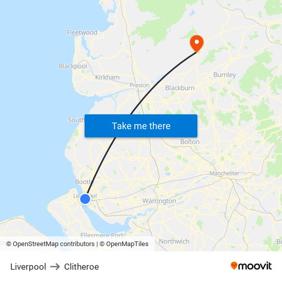 Liverpool to Clitheroe map