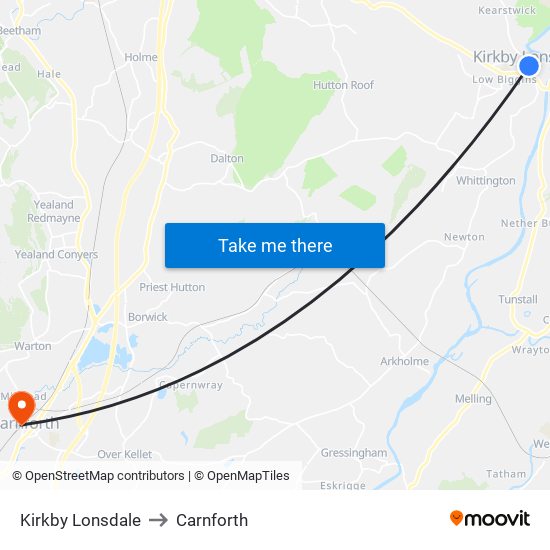 Kirkby Lonsdale to Carnforth map