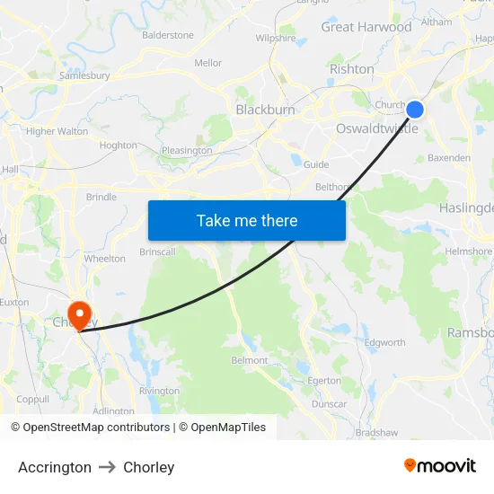 Accrington to Chorley map