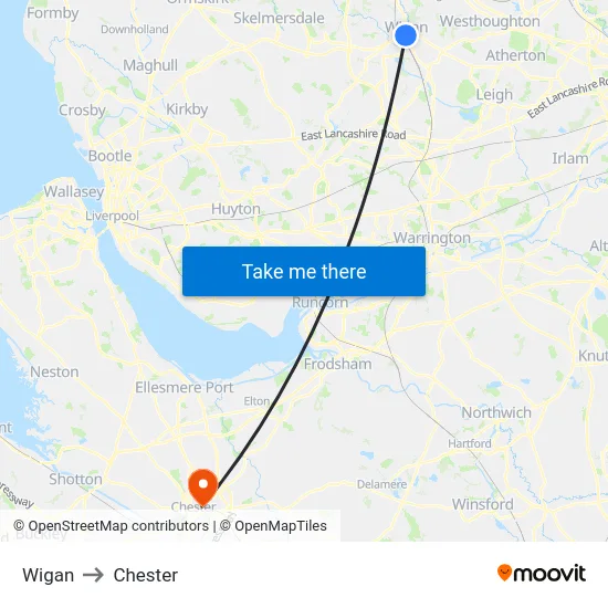 Wigan to Chester map