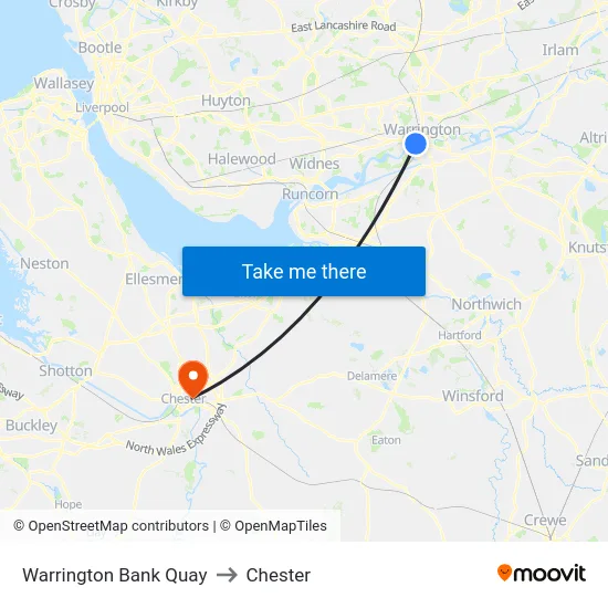 Warrington Bank Quay to Chester map