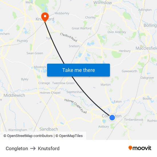 Congleton to Knutsford map