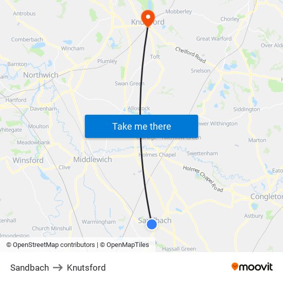 Sandbach to Knutsford map