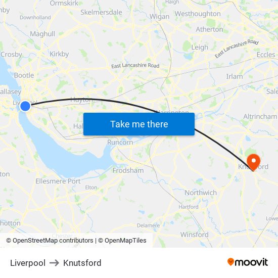 Liverpool to Knutsford map