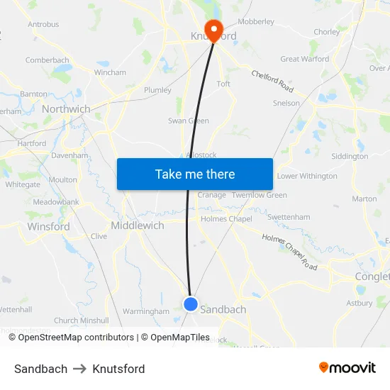 Sandbach to Knutsford map