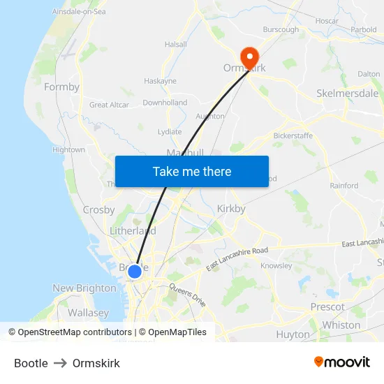 Bootle to Ormskirk map