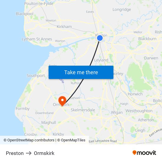 Preston to Ormskirk map