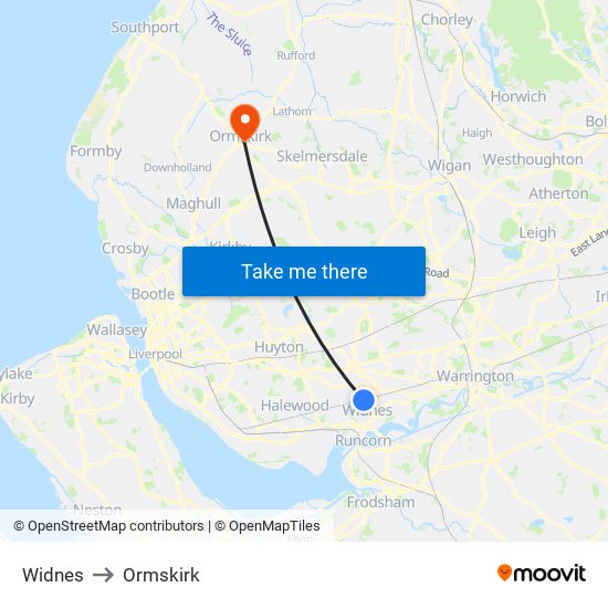 Widnes to Ormskirk map