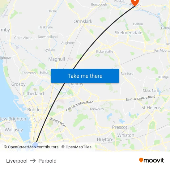 Liverpool to Parbold map