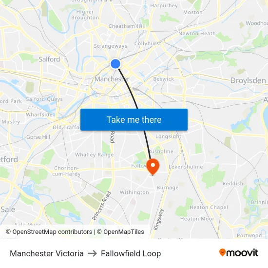 Manchester Victoria to Fallowfield Loop map