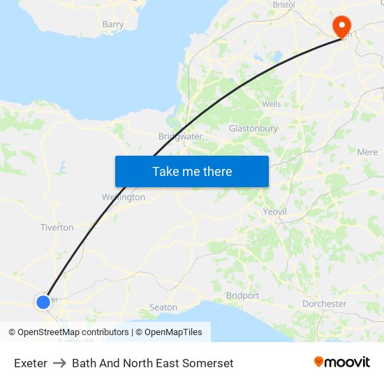 Exeter to Bath And North East Somerset map