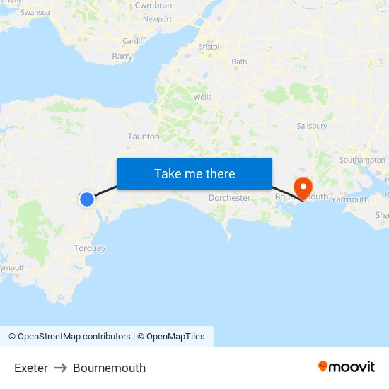 Exeter to Bournemouth map