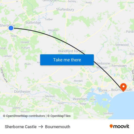 Sherborne Castle to Bournemouth map