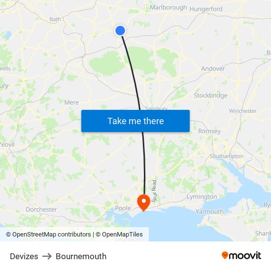 Devizes to Bournemouth map