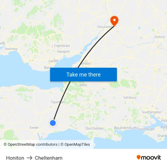 Honiton to Cheltenham map