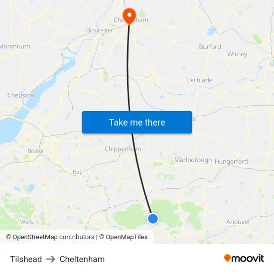 Tilshead to Cheltenham map