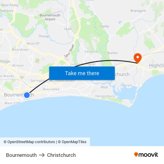 Bournemouth to Christchurch map