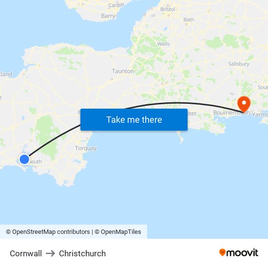 Cornwall to Christchurch map
