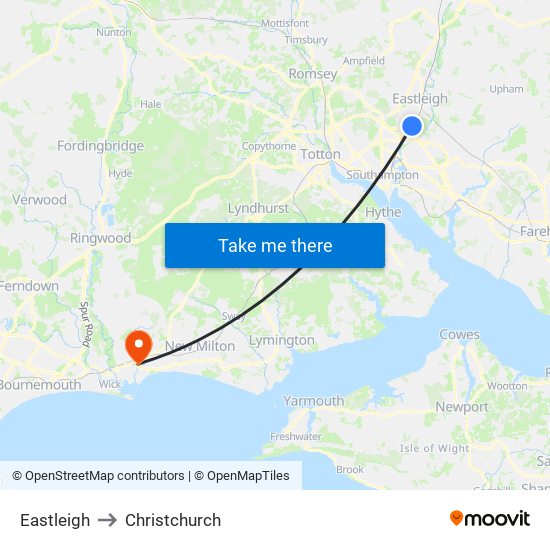 Eastleigh to Christchurch map