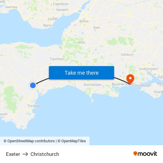 Exeter to Christchurch map